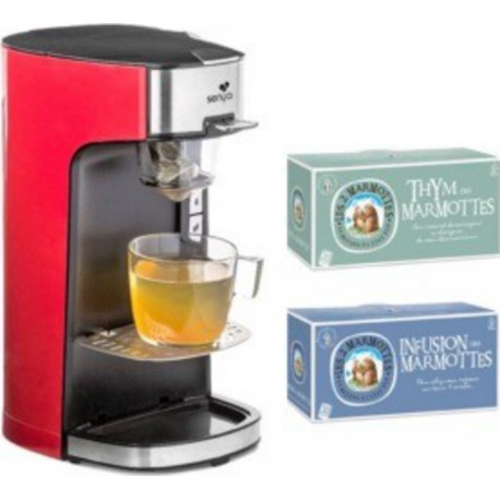 Senya Machine à thé Tea Time, Théière électrique Rouge et lot de 2 boîtes d’infusion Les 2 Marmottes