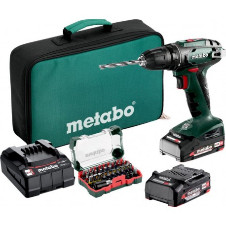 Metabo Kit de perceuse-visseuse sans fil BS 18 avec coffret d'embouts SP (32 pièces) et mallette souple, 18V 2x2Ah Li-Power + SC